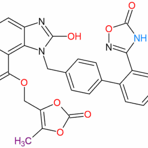 "Chemical structure of Desethyl Azilsartan Medoxomil Molecular Formula C28H20N4O8"